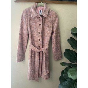 Gap Pink Blush Pastel Tweed Belted Coat Trenchcoat Jacket Mid-Length Sz XS Lined